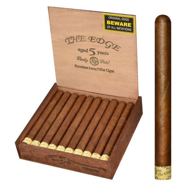 Rocky Patel The Edge Cigars, a box of perfectly rolled cigars with a single cigar shown outside, featuring a golden band and smooth brown wrapper.