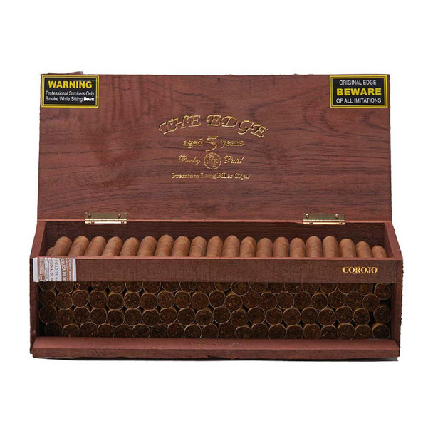 Rocky Patel The Edge Cigars, A wooden cigar box containing 50 premium cigars with an elegant gold logo and branding on the lid.