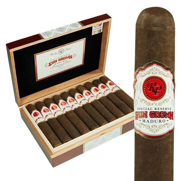 Rocky Patel Sun Grown Maduro Cigars, a box of premium cigars with dark brown wrappers and a close-up of one cigar showing a decorative band.