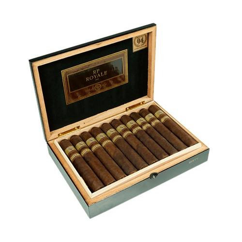 Rocky Patel Royale Cigars, a luxurious wooden box containing ten premium cigars with gold and black bands.