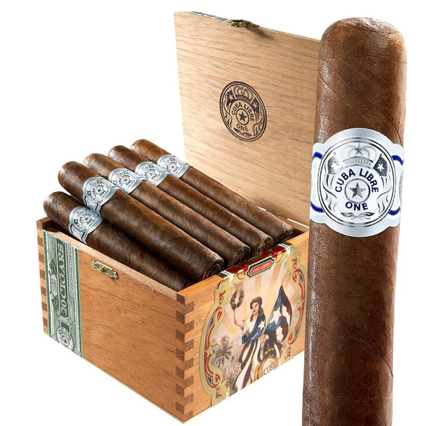 Cuba Libre One Cigars 20Ct. Box, featuring a box of 20 cigars with a single cigar shown outside the box, highlighting its premium packaging and branding.