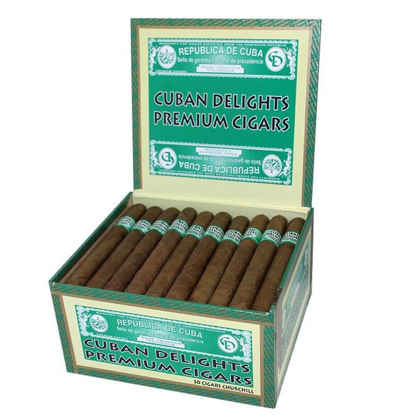 Product Cuban Delights Churchill Cigars 50 Ct. Box, open box displaying 50 cigars with green, white, and black packaging labels inside the box.