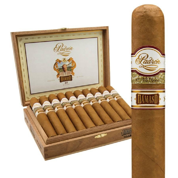 Padron Series Damaso #12 Cigars 20Ct. Box, a set of premium cigars in a wooden box with the cigars lined up, each with a band displaying the Padron logo and Damaso label.