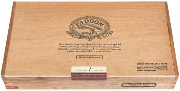 Padron Series 7000 Natural Cigars 26Ct. Box, wooden cigar box with Padron logo and detailed product description.