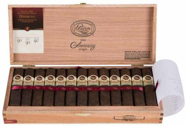 Padron 1964 Anniversary Hermoso Maduro Cigars 26Ct. Box, opened wooden cigar box with 26 cigars inside lined with red satin