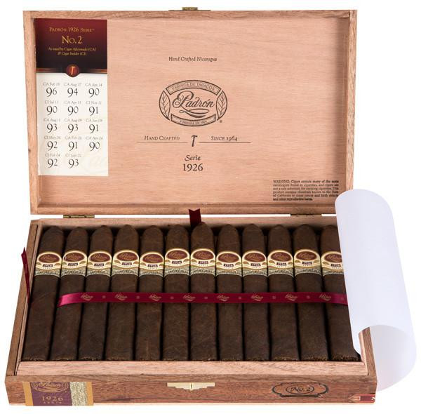 Padron 1926 Series No.2 Maduro Cigars 24Ct. Box, opened wooden cigar box containing 24 cigars with a pink ribbon and a label on each cigar, and informational chart inside the lid.