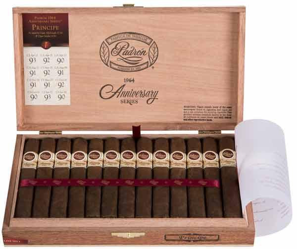 Padron 1964 Anniversary Series Principe Maduro Cigars 25Ct. Box, open wooden cigar box with 25 Maduro cigars neatly arranged inside.