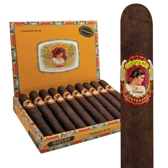 Cuesta-Rey Centenario #60 Maduro Cigars 10 Ct. Box, showing a box of cigars with a display of cigars outside the box.