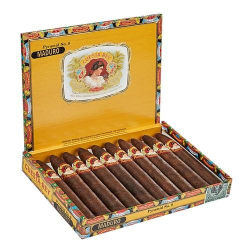 Cuesta-Rey Centenario Pyramid #9 Maduro Cigars 10Ct. Box, open cigar box displaying ten mature Maduro cigars inside with colorful packaging and detailed branding.