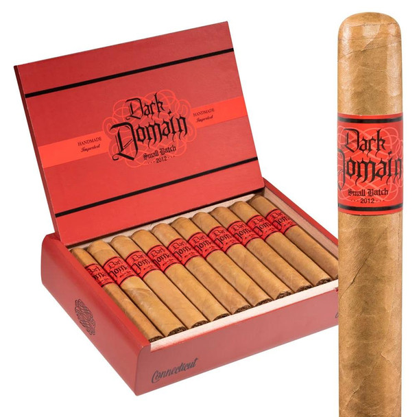 Dark Domain Connecticut Robusto Cigars 20Ct. Box, a red box containing twenty handcrafted cigars with a red and black label and a single cigar shown upright with a matching red and black band.