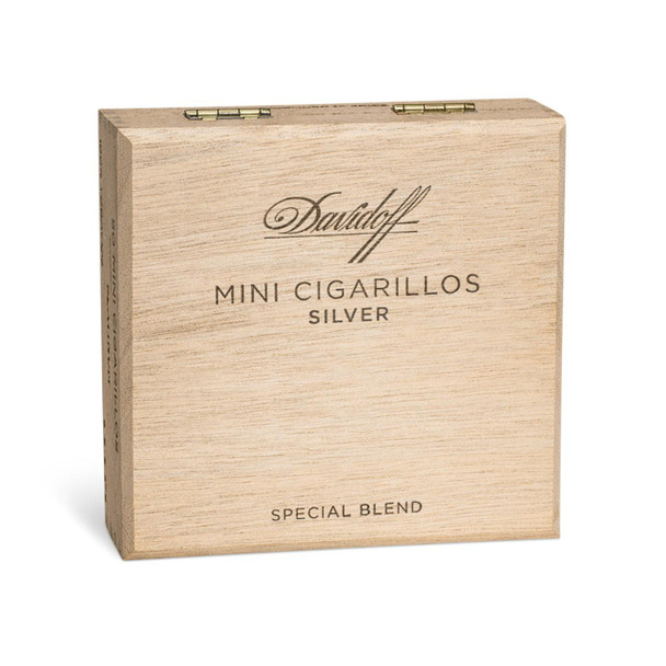 Davidoff Minis Mini Cigarillos Silver 50Ct. Box, wooden box of silver mini cigarillos with branding and descriptive text on the lid.