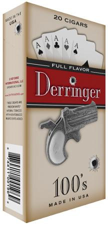 Cheyenne International Derringer Filtered Cigars Full Flavor, box of 20 cigars featuring an image of a revolver and playing cards on the packaging