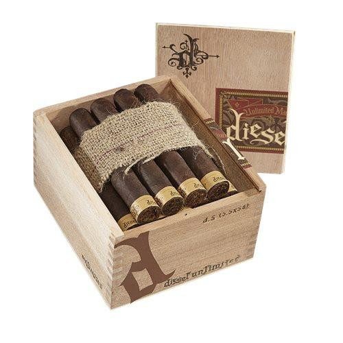 Diesel Unlimited Maduro d.5 Cigars 20Ct. Box, showcasing a wooden box of cigars with a burlap wrap around the middle and a partially open lid revealing the cigars inside, with branding and decorative elements on the box.