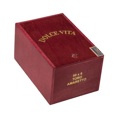 Dolce Vita Liqueurs Connecticut Toro - Amaretto Cigars 20Ct. Box, a red wooden cigar box with gold lettering indicating the product name and contents.