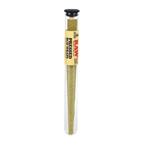 RAW Pressed Bud Wrap Cone 1 1/4 12pc Display, a single pre-rolled cannabis cone in a clear cylindrical display tube with yellow label.