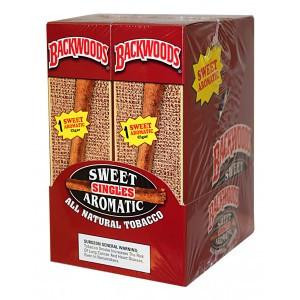Altadis Backwoods Sweet Aromatic Cigars 24Ct, a box of natural tobacco cigars with a red design and a yellow label highlighting the sweet aromatic flavor.