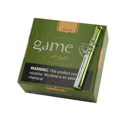 Game Cigars Palma Green 40Ct.Box, green box packaging with a single cigar placed on top and a nicotine warning label on the front.