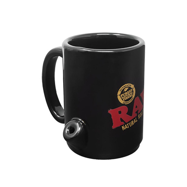 RAW Wake Up & Bake Up Ceramic Cone Mug, black ceramic mug with a built-in metal pipe for smoking, featuring the RAW logo and text design.