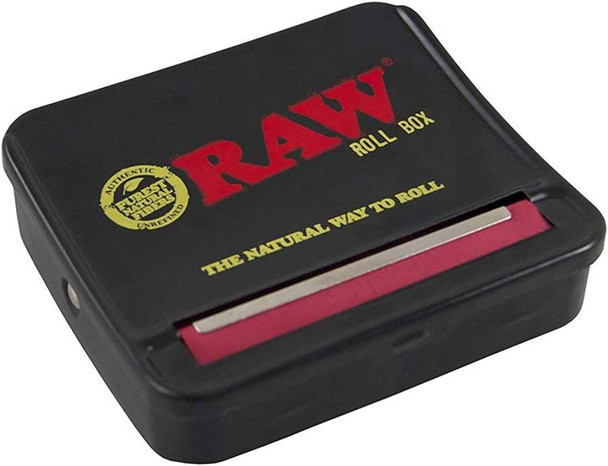 RAW Roll Box 70mm Single Wide, black tin box designed for rolling papers with a red dispensing edge and printed with RAW logo and branding.