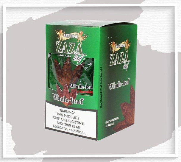 Zaza Natural Whole Leaf Wraps 10Ct, a green box of whole leaf wraps with transparent window showing the brown leaves inside.