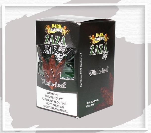 Zaza Dark Natural 10Ct Whole Leaf Wrap, black box packaging with product name and warning label.