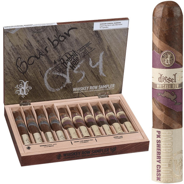 Diesel Whiskey Row Robusto Cigar Sampler 10Ct, a wooden cigar box with ten cigars inside and a partially visible cigar outside, featuring a purple and beige label with branding and logo.