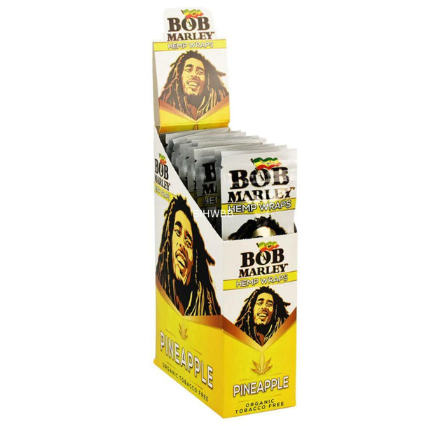 BOB Marley Hemp Wraps 25/2Ct, product packaging featuring an image of Bob Marley with dreadlocks, in a yellow and white box labeled pineapple flavor, organic tobacco free.