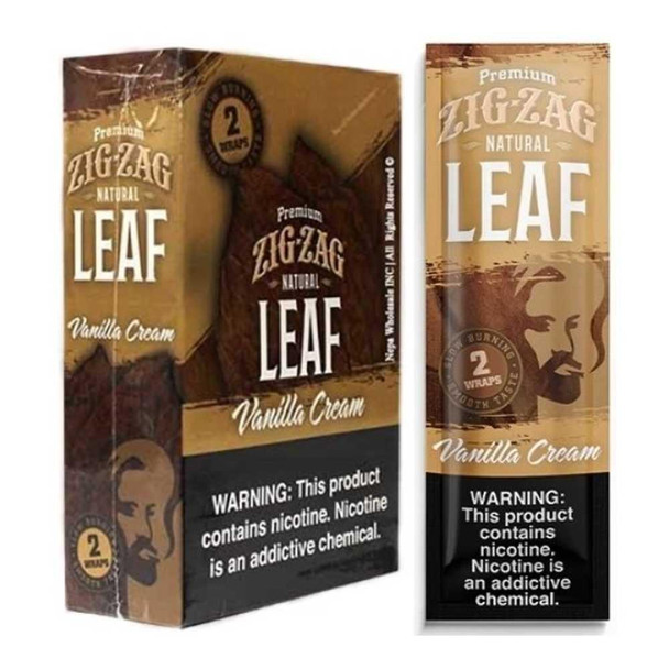 Zig Zag Natural Leaf Wraps 25/2, package of vanilla cream flavored natural leaf wraps for rolling cigarettes or cigars.