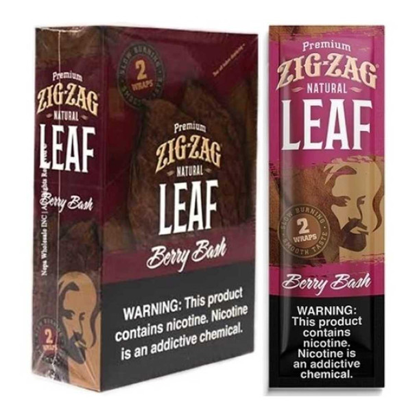 Zig Zag Natural Leaf Wraps 25/2, product packaging for berry bash flavor with nicotine warning and illustration of a man smoking.
