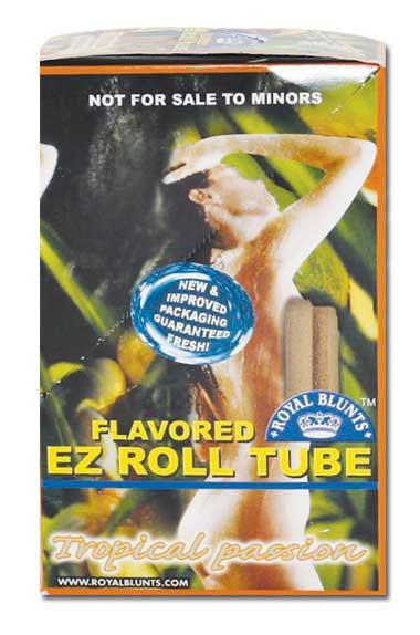 Royal Blunts EZ Roll Wraps Tubes White Grape 25Ct, packaging box with a woman holding her arms above her head, promoting flavored EZ roll tubes with tropical passion flavor.