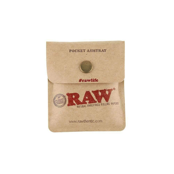 RAW Pocket Ashtray, small portable tobacco ashtray with a button closure and RAW branding on paper packaging.