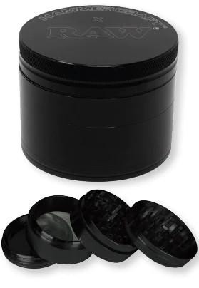 RAW x Hammer Craft 4 Piece Grinder 2.5 - Black circular herb grinder with textured top and four separate grinding chambers.
