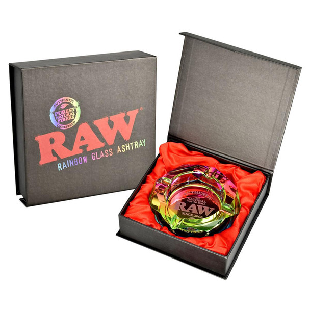 RAW Rainbow Ashtray, colorful glass ashtray inside a gift box with red satin lining.