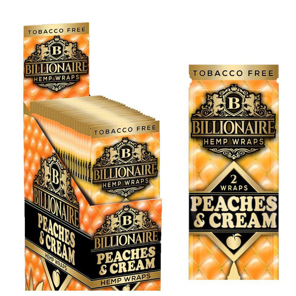 Billionaire Hemp Wraps 25/2ct, product packaging showcasing peach and cream flavored hemp wraps with tobacco-free label.