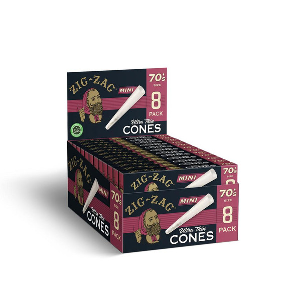 Zig Zag Ultra Thin Cones 70'smm 8ct, display of packed mini ultra thin cones in a colorful box with illustration of a bearded man and text highlighting size and quantity.