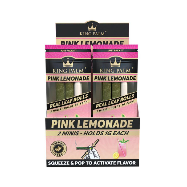 Product King Palm Wraps Pink Lemonade Minis 20/2, displayed in a stand with pink and black packaging, containing 2 mini leaf rolls with pink lemonade flavor.