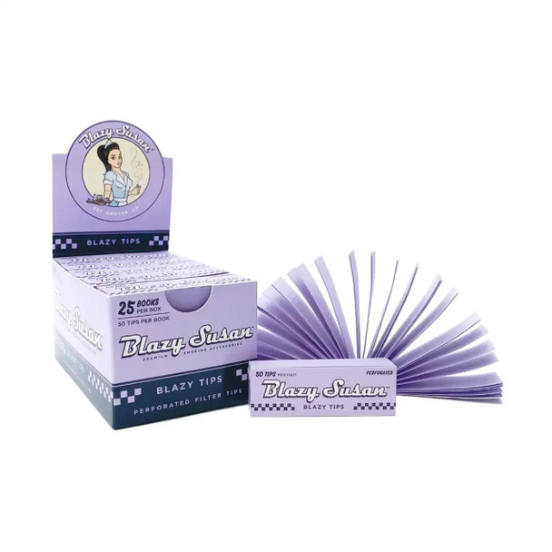 Blazy Susan Purple Blazy Filter Tips 25Ct, purple perforated filter tips displayed with open tips fanned out and packaging box showcasing the product