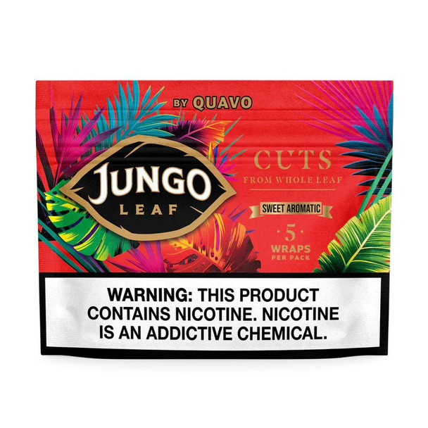 Altadis Jungo Leaf Cuts Tobacco Wraps 10/5, colorful packaging with tropical leaves and a warning label about nicotine risk.