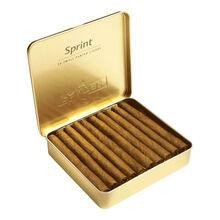 Panter Sprint Cigarillos 10 Tins of 20, open gold tin displaying tightly packed cigarillos inside.