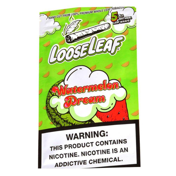 Loose Leaf Premium Whole Leaf 8 Packs of 5, vibrant green packaging featuring watermelon and cotton candy illustrations, nicotine warning label, and highlighting all natural leaf wraps.