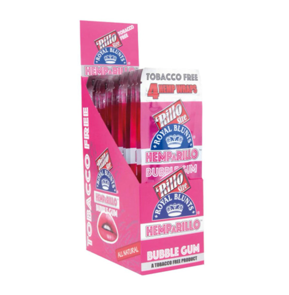 Royal Blunts Hemparillo Hemp Wraps Bubble Gum, pink packaging box of tobacco-free hemp wraps with bubblegum flavor, featuring multiple wraps and a bubblegum flavor label.