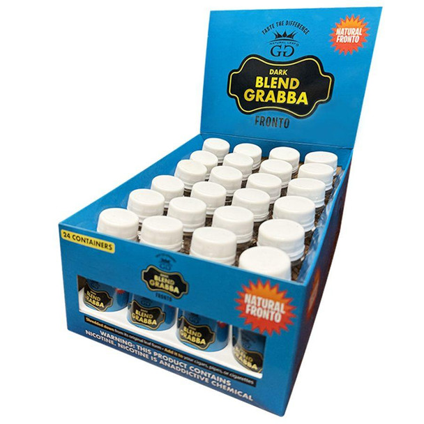 GG Dark Blend Crush - Fronto 24CT, display of 24 small bottles of dark blend fronto tobacco in a blue retail box.