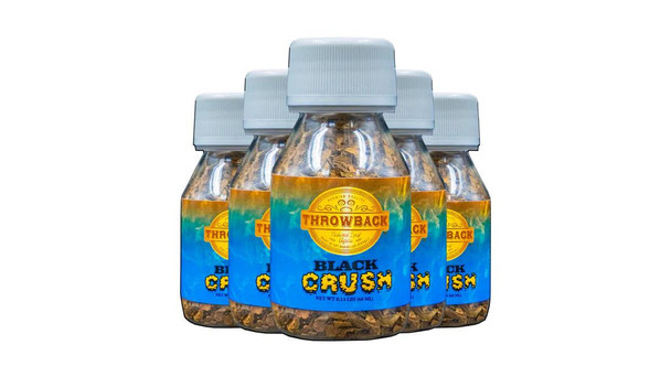 Throwback Black Crush Bottle 24 Ct, set of four small bottles with black crushed candy inside and white caps, featuring a colorful label with the brand name and product details.
