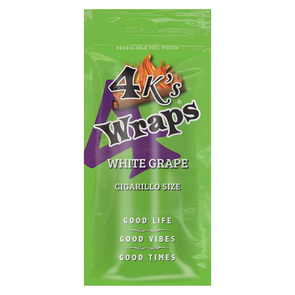 4 K's Wraps 4 Kings Wraps 30/4 Pouches White Grape, resealable foil pouch with green background and colorful branding with text and graphics.