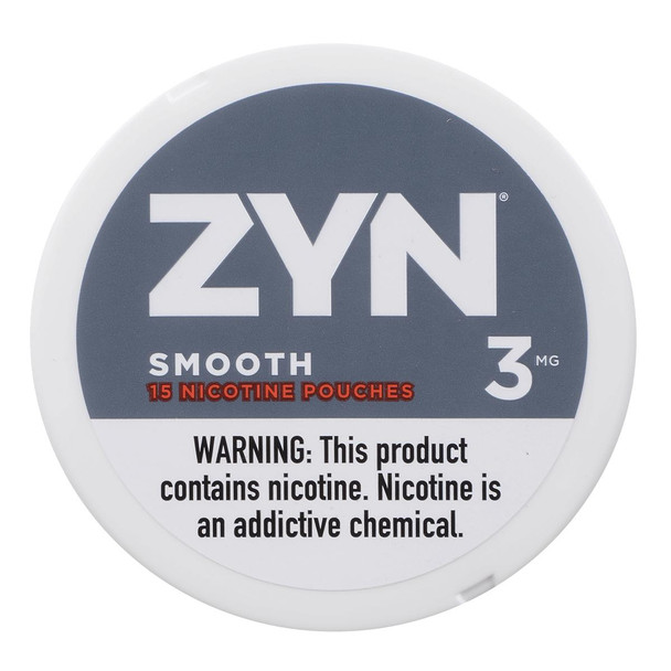Zyn Nicotine Pouches Smooth 3 Mg 15/5 Tins, round white container with a grey label displaying the ZYN logo, nicotine strength, and warning message.