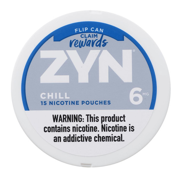Zyn Nicotine Pouches Chill 6 Mg 15/5 Tins, round white container with blue and gray label, indicating nicotine pouch product with warning about nicotine addiction.