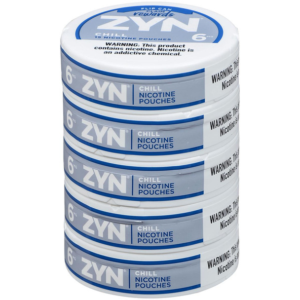 Zyn Nicotine Pouches Chill 6 Mg 15/5 Tins, stack of five round tins with blue and white packaging, nicotine warning label on the side, and Zyn logo on the top of the tins.