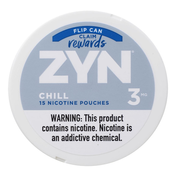 Zyn Nicotine Pouches Chill 3 Mg 15/5 Tins, white round container with blue and black text and a nicotine warning label.