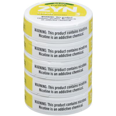 Zyn Nicotine Pouches Citrus 3 Mg 15/5 Tins, stacked tins with yellow and white packaging and warning labels indicating nicotine content.