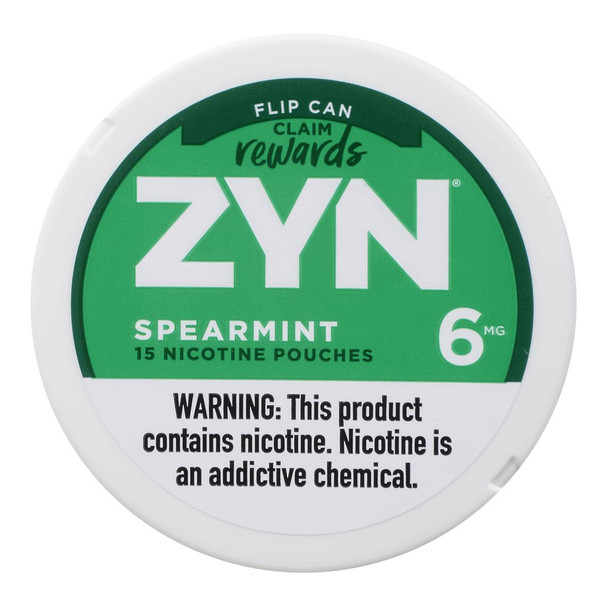 Zyn Nicotine Pouches Spearmint 6 Mg 15/5 Tins, green and white tin of nicotine pouches with warning label.